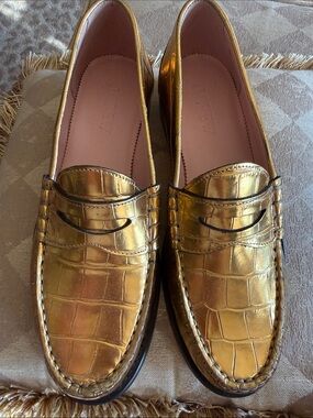J Crew Gold Croco Leather Embossed Loafers Sz. 9 New